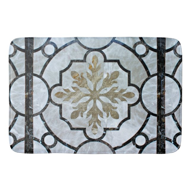 Eastern Floral Marble Pattern Greyish Blue & Gold Bathroom Mat (Front)