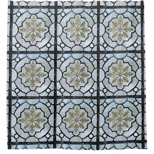 Eastern Floral Marble Pattern Greyish Blue & Gold Shower Curtain (Front)