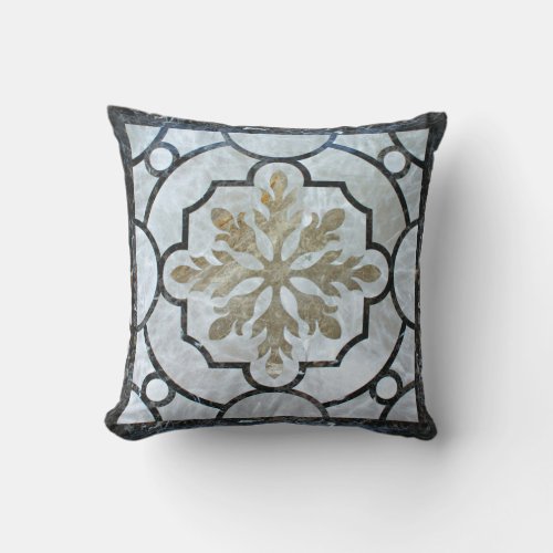 Eastern Floral Marble Pattern Greyish Blue  Gold Throw Pillow