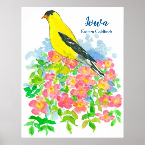 Eastern Goldfinch Pink Roses Iowa State Bird Poster