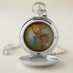 Eastern Hemisphere Hot Air Balloon Steampunk Map Pocket Watch