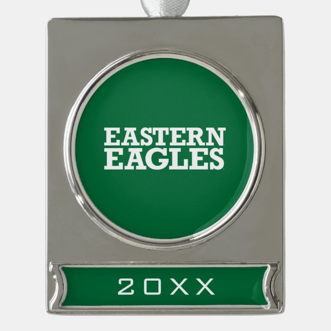 Eastern Michigan Eagles Wordmark Silver Plated Banner Ornament (Front)