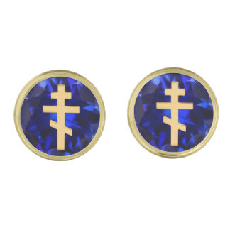 Eastern Orthodox Gold Cross on Sapphire Blue Cufflinks