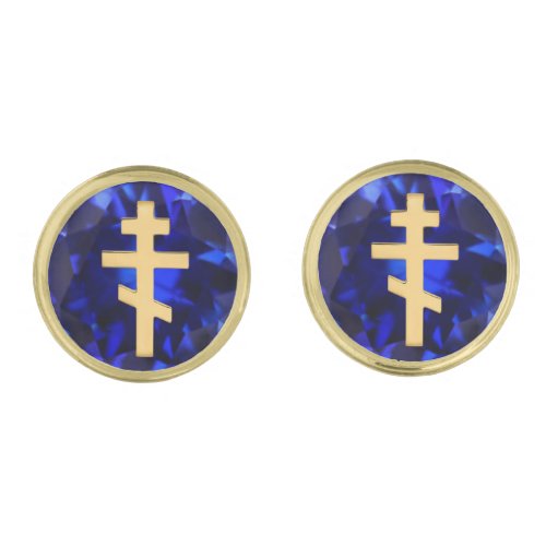 Eastern Orthodox Gold Cross on Sapphire Blue Cufflinks