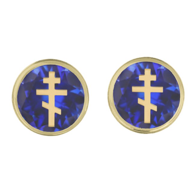 Eastern Orthodox Gold Cross on Sapphire Blue Cufflinks (Front)