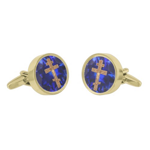 Eastern Orthodox Gold Crucifix on Sapphire Blue Cufflinks