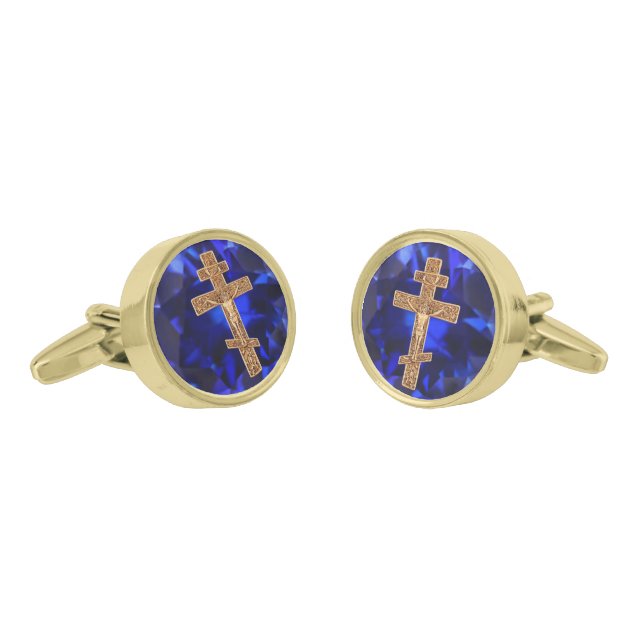 Eastern Orthodox Gold Crucifix on Sapphire Blue Cufflinks (Angled)