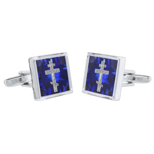 Eastern Orthodox Silver Crucifix on Sapphire Blue  Cufflinks