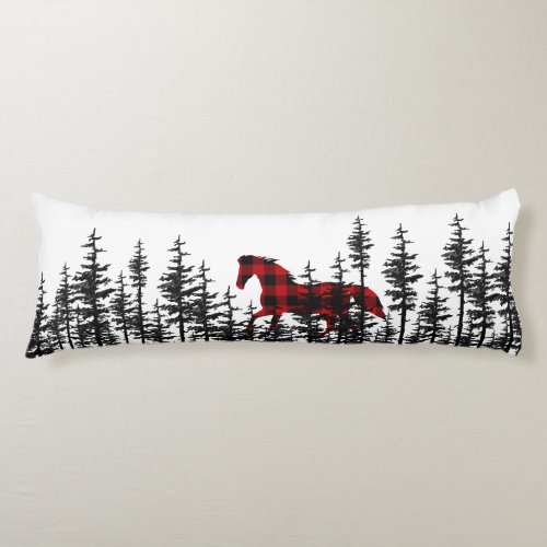 Eastern Pine Tree Forest Buffalo Plaid Wild Horse Body Pillow