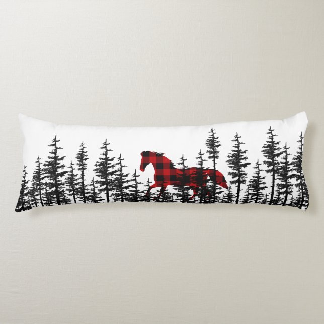 Eastern Pine Tree Forest Buffalo Plaid Wild Horse Body Pillow (Front)