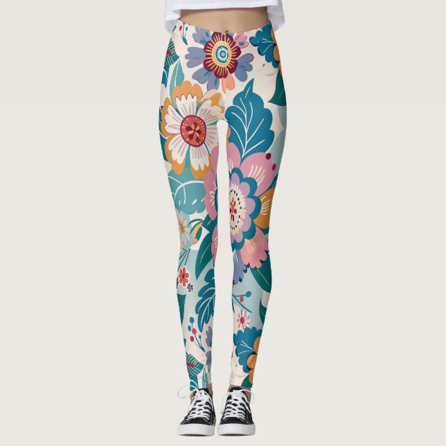 Eastern Retro Floral Pastel Custom Pattern Leggings (Front)