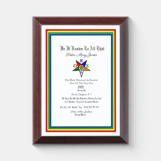 Eastern Star Of The Year Award Plaque (Vertical)