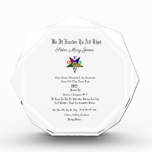 Eastern Star Of The Year Award Plaque (Front)