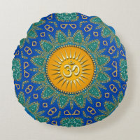 Eastern Sun Royal Blue Teal OM Meditation Round Pillow