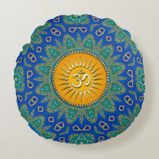 Eastern Sun Royal Blue Teal OM Meditation Round Pillow