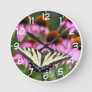 Eastern Tiger Swallowtail Butterfly On Coneflowers Round Clock