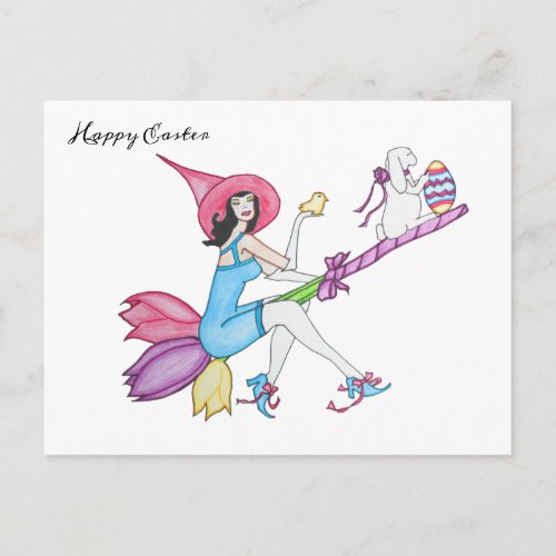 Easters Magic Witch and Bunny Holiday Postcard