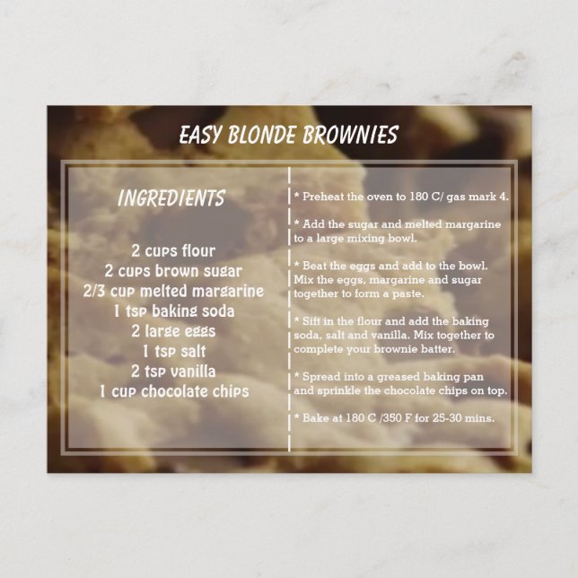 Easy Blonde Brownie Recipe Postcard (Front)