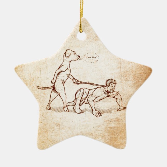 "Easy Boy" Dog Walking Man Ceramic Ornament (Front)