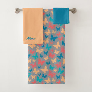 Easy butterfly pattern beige pink turquoise grey bath towel set
