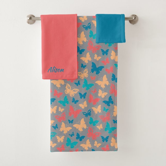 Easy butterfly pattern pink coral turquoise grey bath towel set (Insitu)