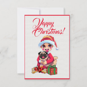 Easy Custom Cute Pug Dog With Girl Xmas Card