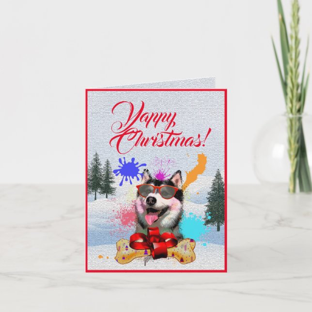 Easy Customisable Cute Siberian Husky Xmas Card (Front)