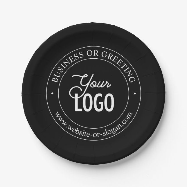 Easy Logo Replacement & Customizable Text | Black Paper Plates (Front)