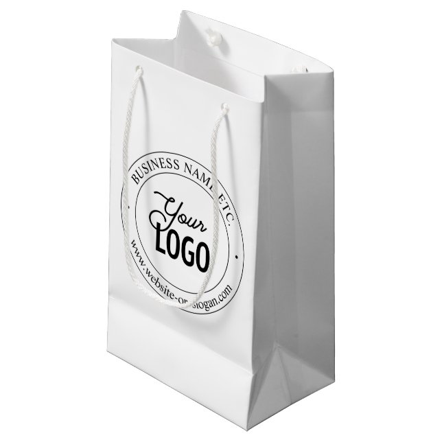Easy Logo Replacement & Customizable Text | White Small Gift Bag (Front Angled)