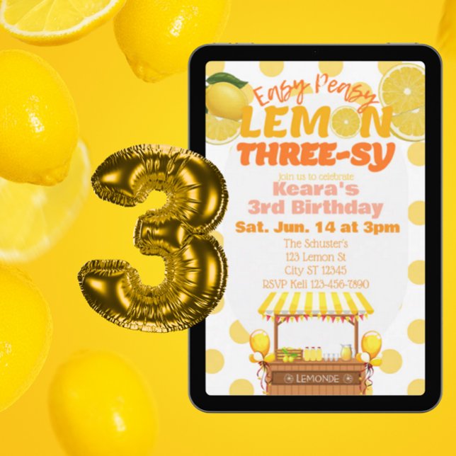 Easy Peasy Lemon Three-sy, Lemon 3rd Birthday Invitation (Creator Uploaded)