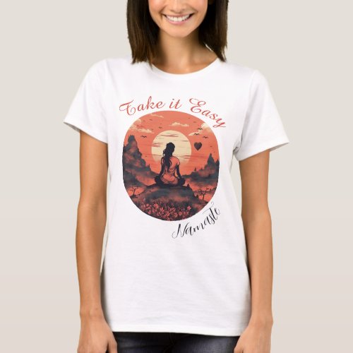 Easy Pose Sunset Retro Namaste Yoga T_Shirt