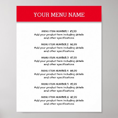 Easy restaurant menu price list template Poster