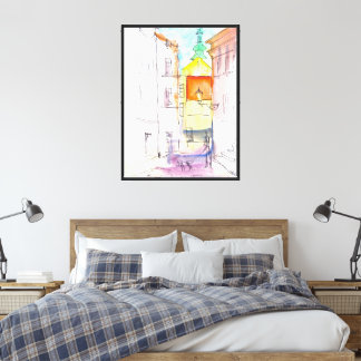 Easy watercolor and ink drawing of a medieval stre canvas print