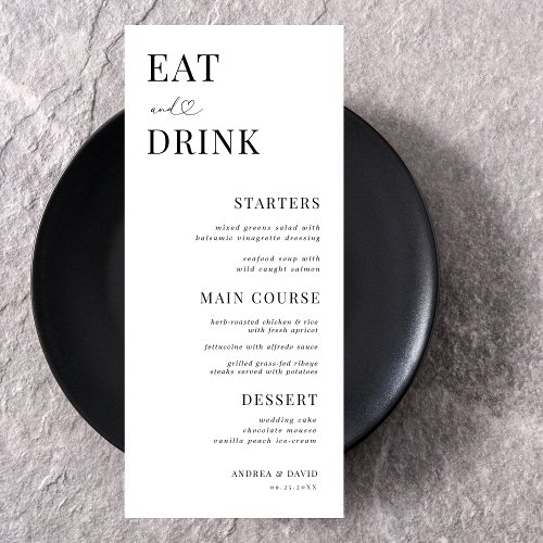 Eat and Drink Heart Script Minimal White Wedding Menu