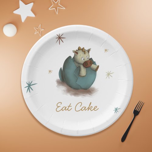 Eat Cake Baby Dinosaur Hatching Neutral Party Paper Plates