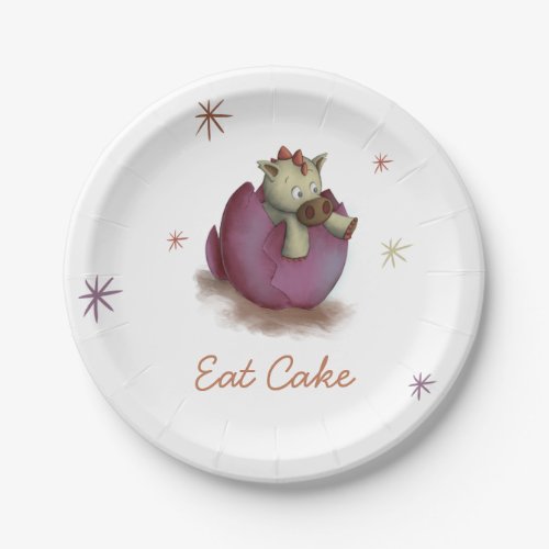 Eat Cake Baby Dinosaur Hatching Purple Party Paper Plates