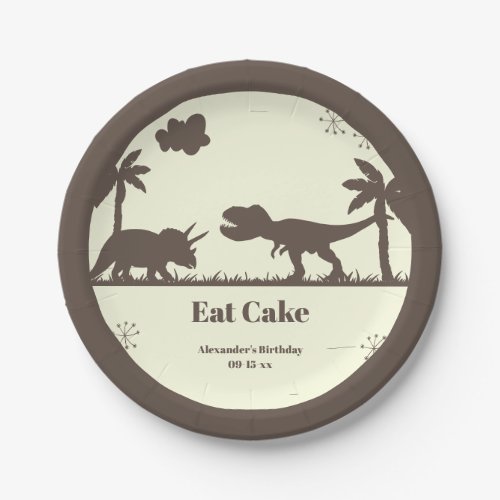 Eat Cake Brown and Yellow Dinosaur Birthday  Paper Plates