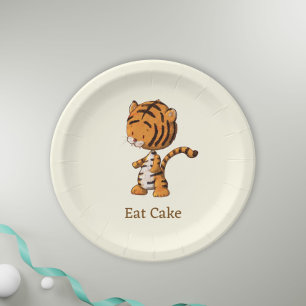 Eat Cake Cute Jungle Tiger Illustration Birthday Paper Plates
