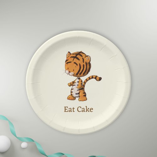 Eat Cake Cute Jungle Tiger Illustration Birthday Paper Plates