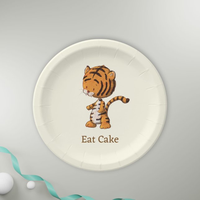 Eat Cake Cute Jungle Tiger Illustration Birthday Paper Plates (Creator Uploaded)