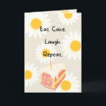 Eat Cake Flower Birthday Card<br><div class="desc">Make every birthday a delightful celebration with our charming greeting card! The front features a lovely white and yellow daisy background, adorned with a whimsical pink cake, and the joyful message, "Eat Cake. Laugh. Repeat." Inside, customize your message to make it a perfect choice for spreading happiness on someone's special...</div>