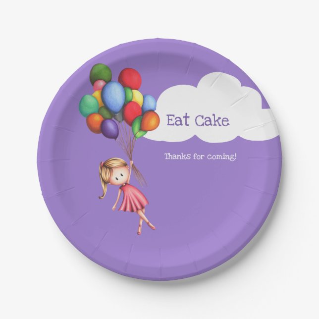 Eat Cake Girl Floating with Balloons Purple Party Paper Plates (Front)