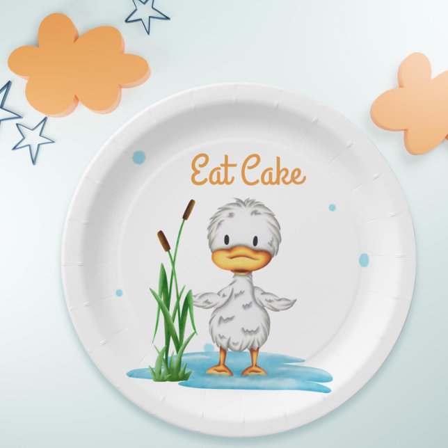 Eat cake little duckling neutral baby shower paper plates (Simple duck party paper plate for baby showers or birthdays)
