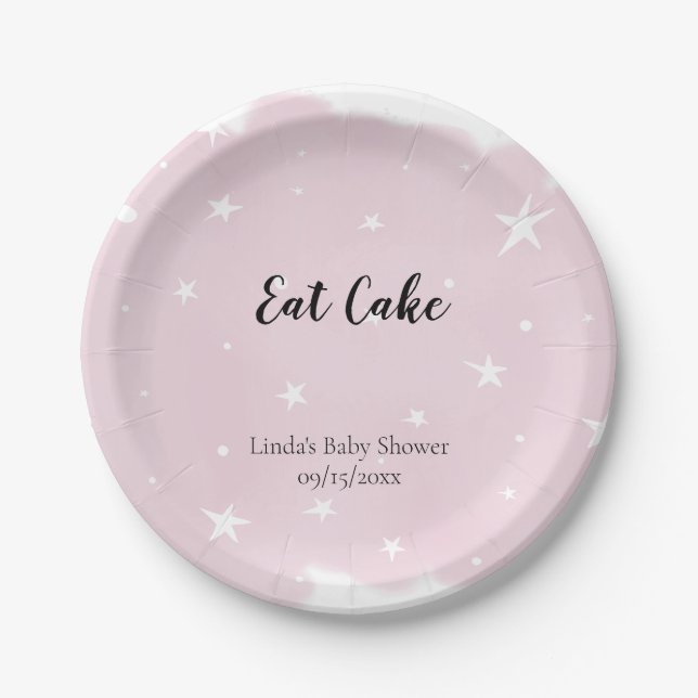 Eat Cake Pastel Pink Watercolor Star Baby Shower Paper Plates (Front)