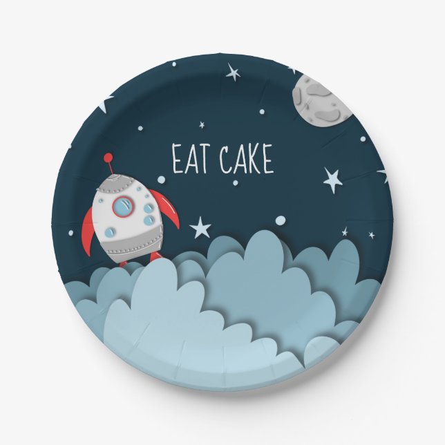 Eat Cake Spacecraft Moon Outer Space Birthday Paper Plates (Front)