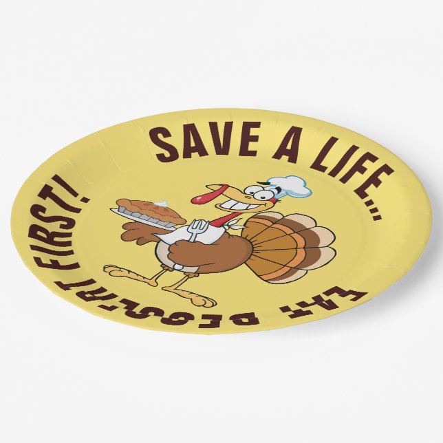 Eat Dessert First! Thanksgiving Turkey Cartoon Paper Plates (Angled)