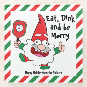 Eat, dink and be merry Christmas pickleball Glass Coaster