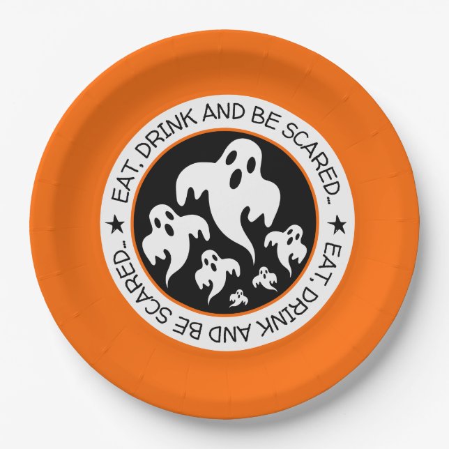 Eat, Drind and be Scared Happy Halloween Ghosts Paper Plates (Front)
