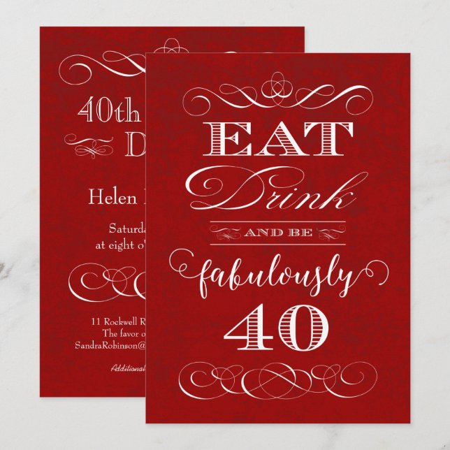 Eat Drink and be Fabulously 40 Birthday Party Red Invitation (Front/Back)