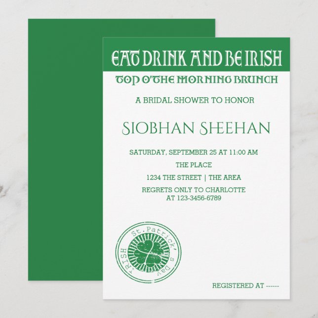 Eat Drink And Be Irish Morning Brunch Invitation (Front/Back)